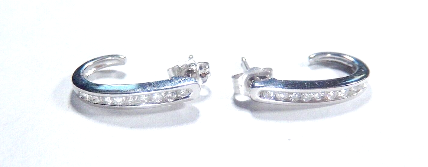 *VINTAGE*  14k White Gold 1/5CT Diamond J-Hoop Post Earrings