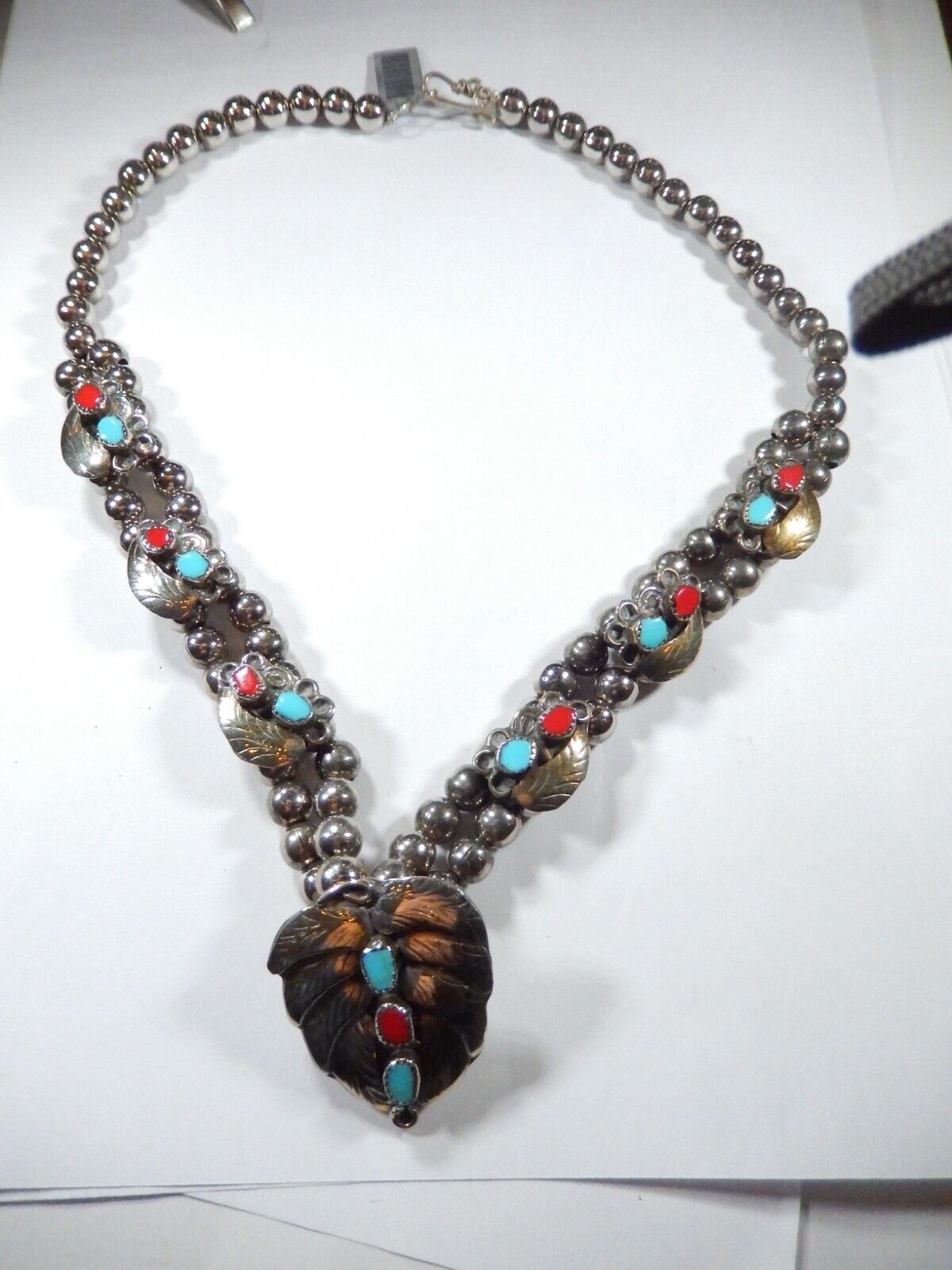Native American Sterling Silver Turquoise Coral Leaf Beaded 2 Row Necklace 128gm