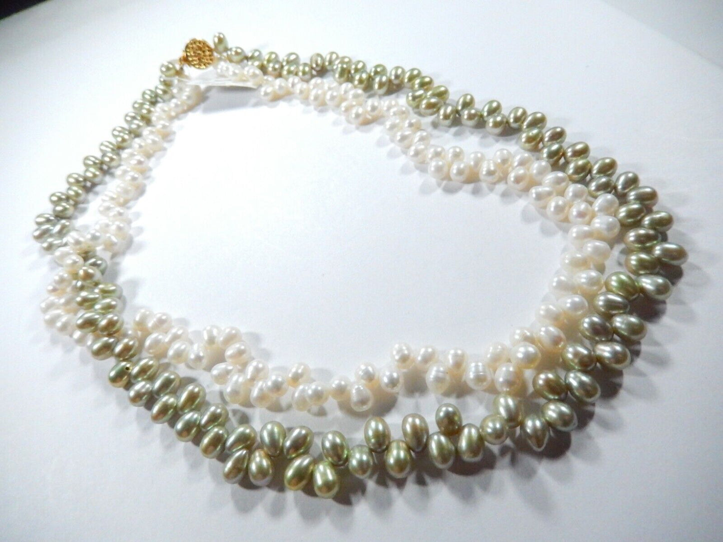 Double Strand Cultured Pearl Necklace  Beautiful White & Green Pearls ~ 16"