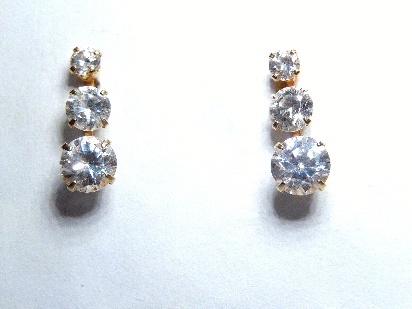 14K Yellow Gold Round Cubic Zirconia Three Stone Journey Stud Earrings