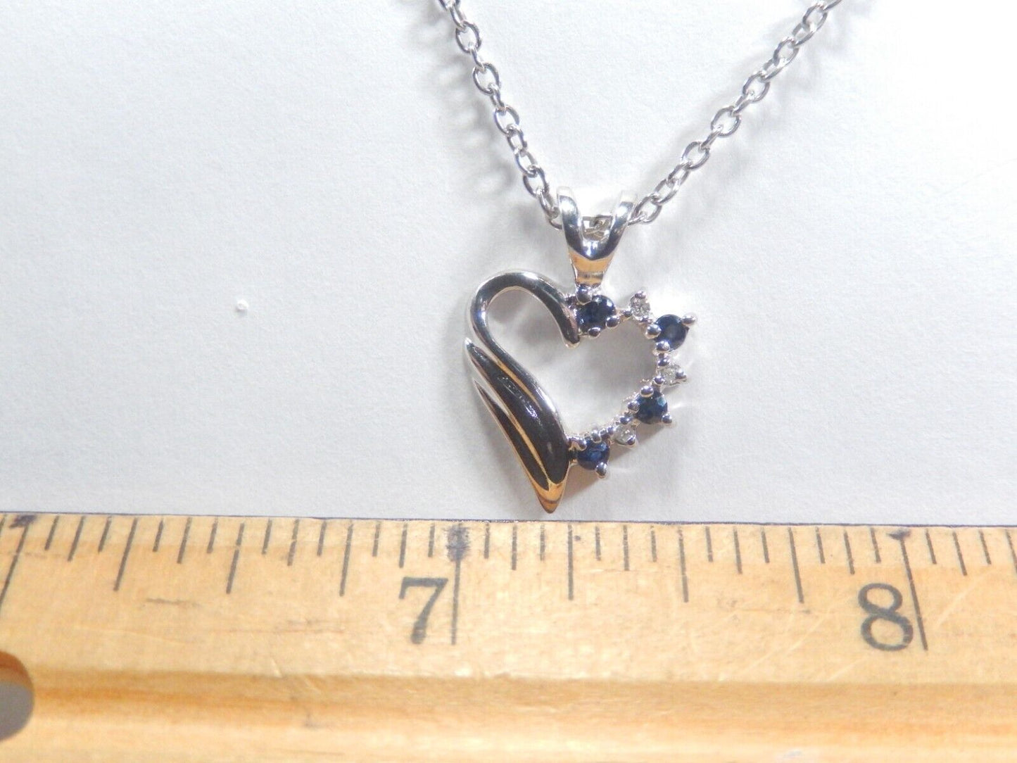 14k White Gold Sapphire and Diamond Heart Shaped Pendant with 18" Chain