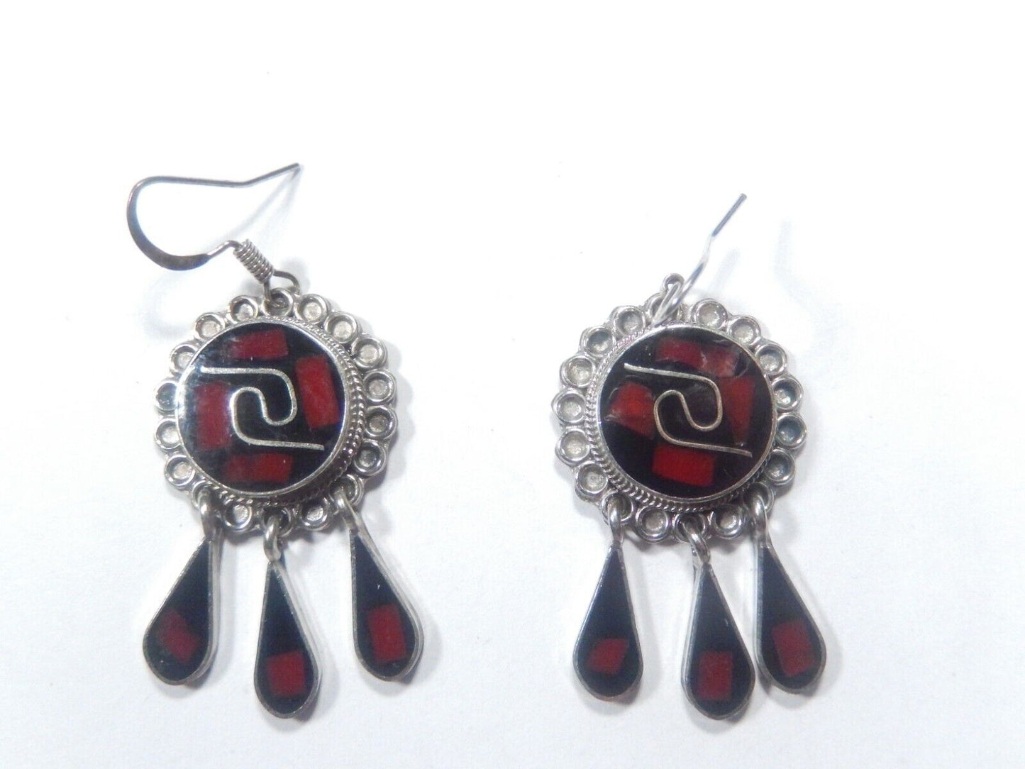 *VINTAGE*  Mexico Alpaca Silver Inlay Native Dangle Drop Earrings