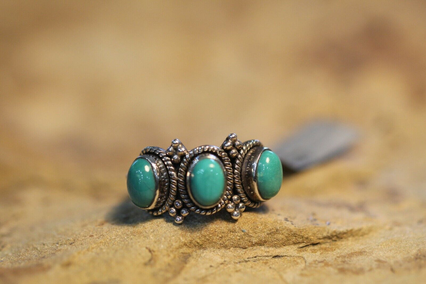 *VINTAGE*  925 STERLING SILVER BEADED SOUTHWEST STYLE  TURQUOISE SIZE 6.5 RING