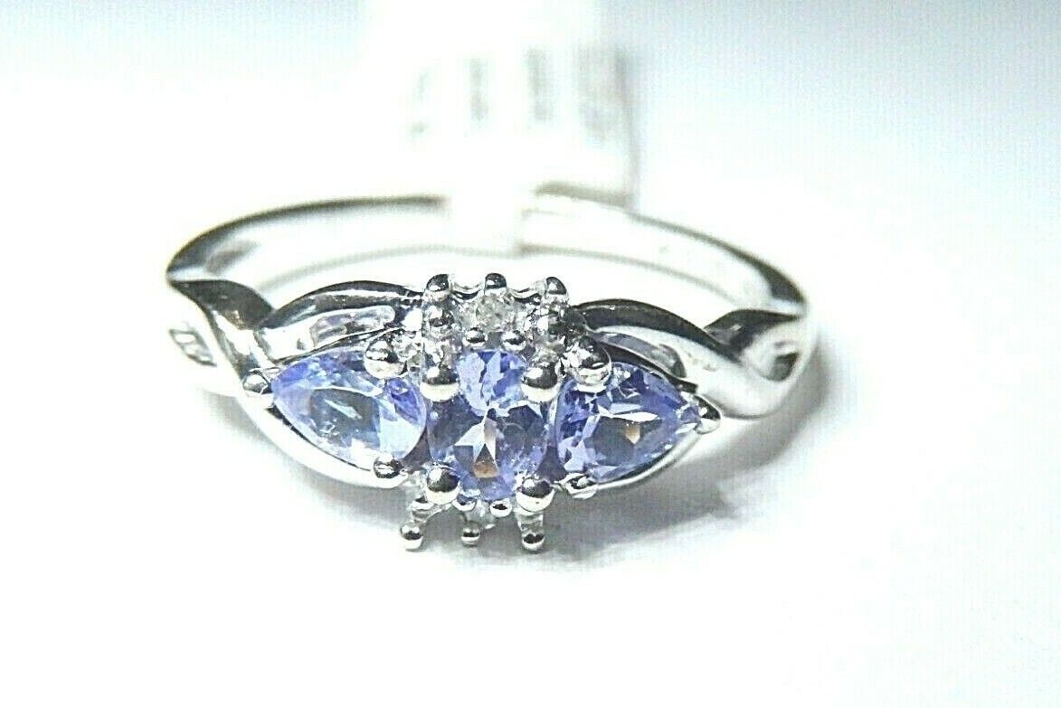 *NWT* 10k White Gold Three Stone Tanzanite And Diamond Ring Size 7.25