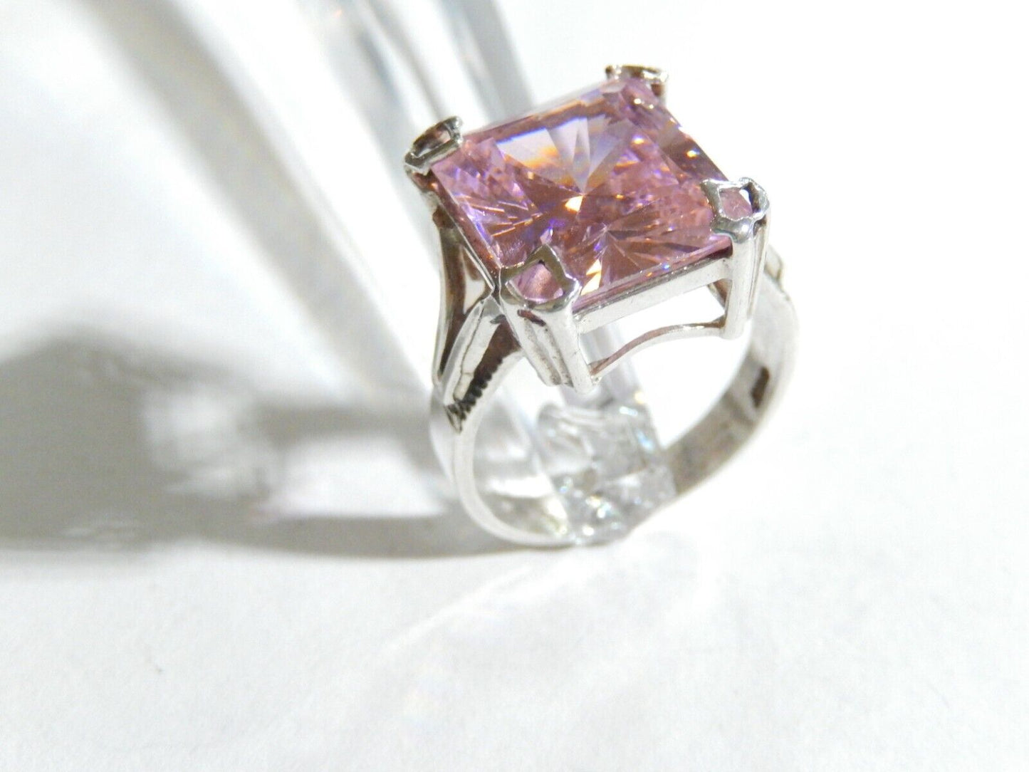 *VINTAGE*  Sterling Silver CZ Pink 12.0CT Emerald Cut Cocktail Ring Size 8