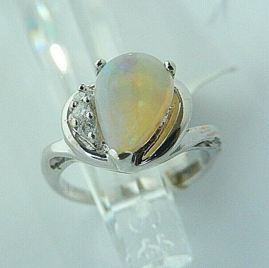 14k White Gold  Colorful Natural .75ct Pear Shape Opal & Diamond Ring Size 6.5
