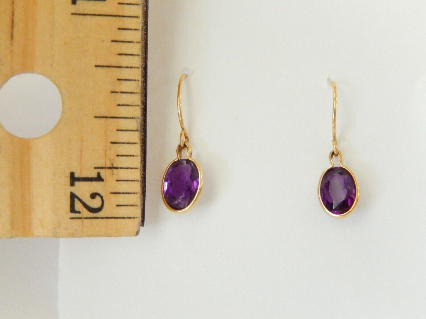 *VINTAGE*  14K Solid Yellow Gold French Ear Wire Earrings 7x5mm Oval Amethyst