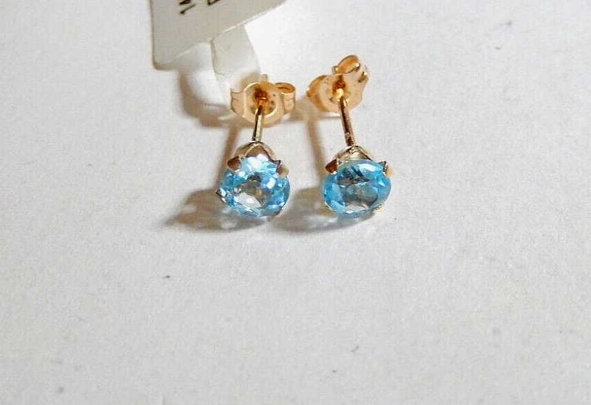 14k Yellow Gold .50CT TW Round Blue Topaz  Stud Push Back Earrings