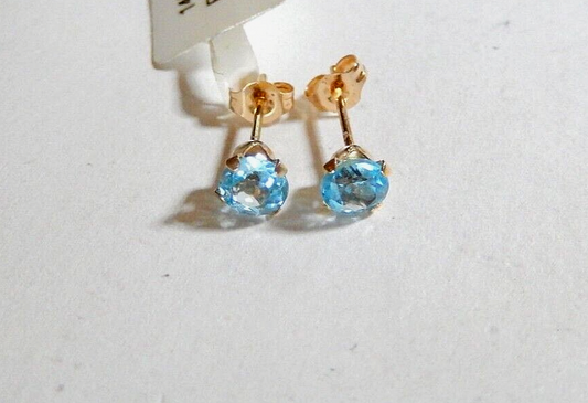 14k Yellow Gold .50CT TW Round Blue Topaz  Stud Push Back Earrings