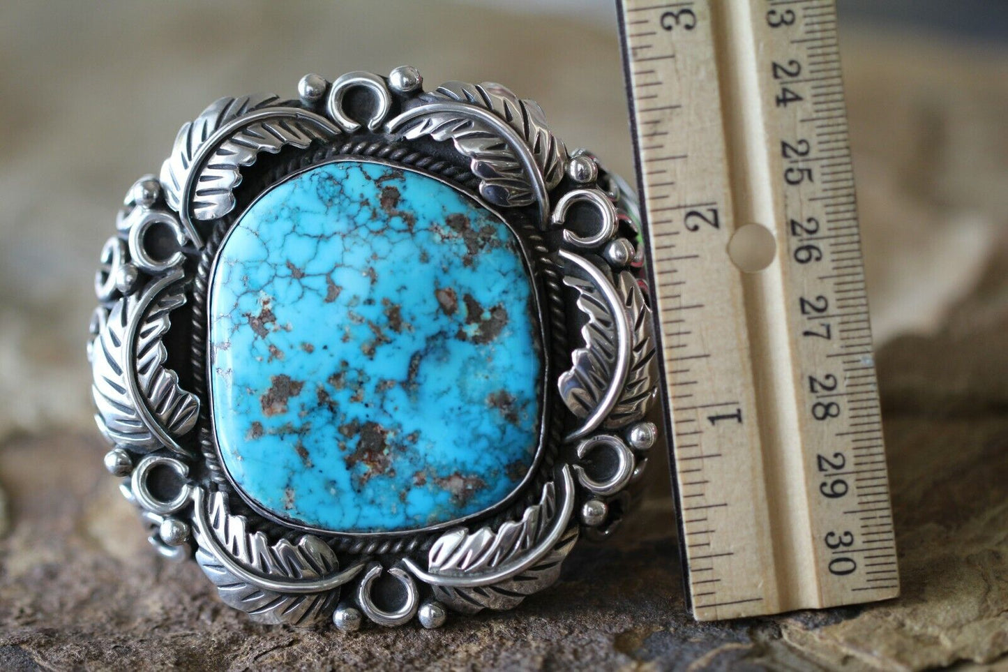 NAVAJO SIGNED FG 925 SILVER HUGE TURQUOISE HEAVY 224 GR CEREMONIAL CUFF BRACELET