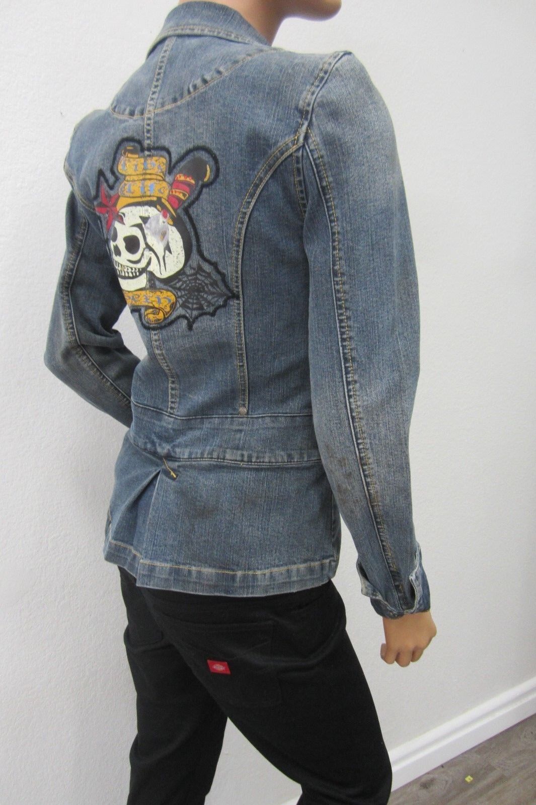 *RARE* FUBU  Collection Denim Jean Jacket Embroidered Rose & Skull Patch Size S