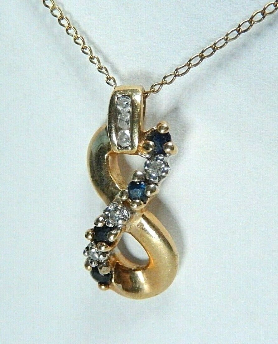 *VINTAGE* 10K  Yellow Gold  Blue Sapphire & Diamond Infinity Pendant w/18" Chain