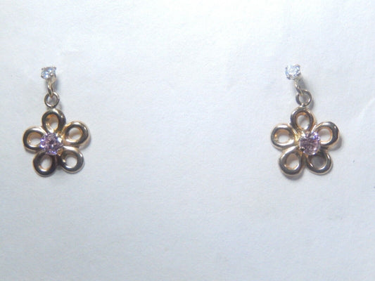 14k Yellow Gold CZ Flower Floral Drop Dangle Earrings