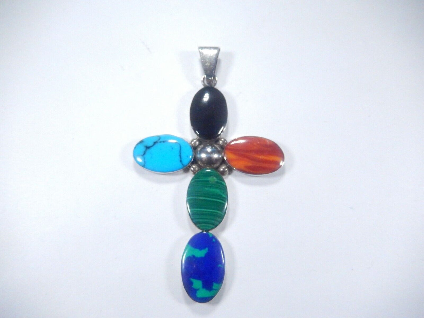 *VINTAGE*  Large Sterling Taxco Mexico Multi Gemstone Cross Pendant 3.5" Tall
