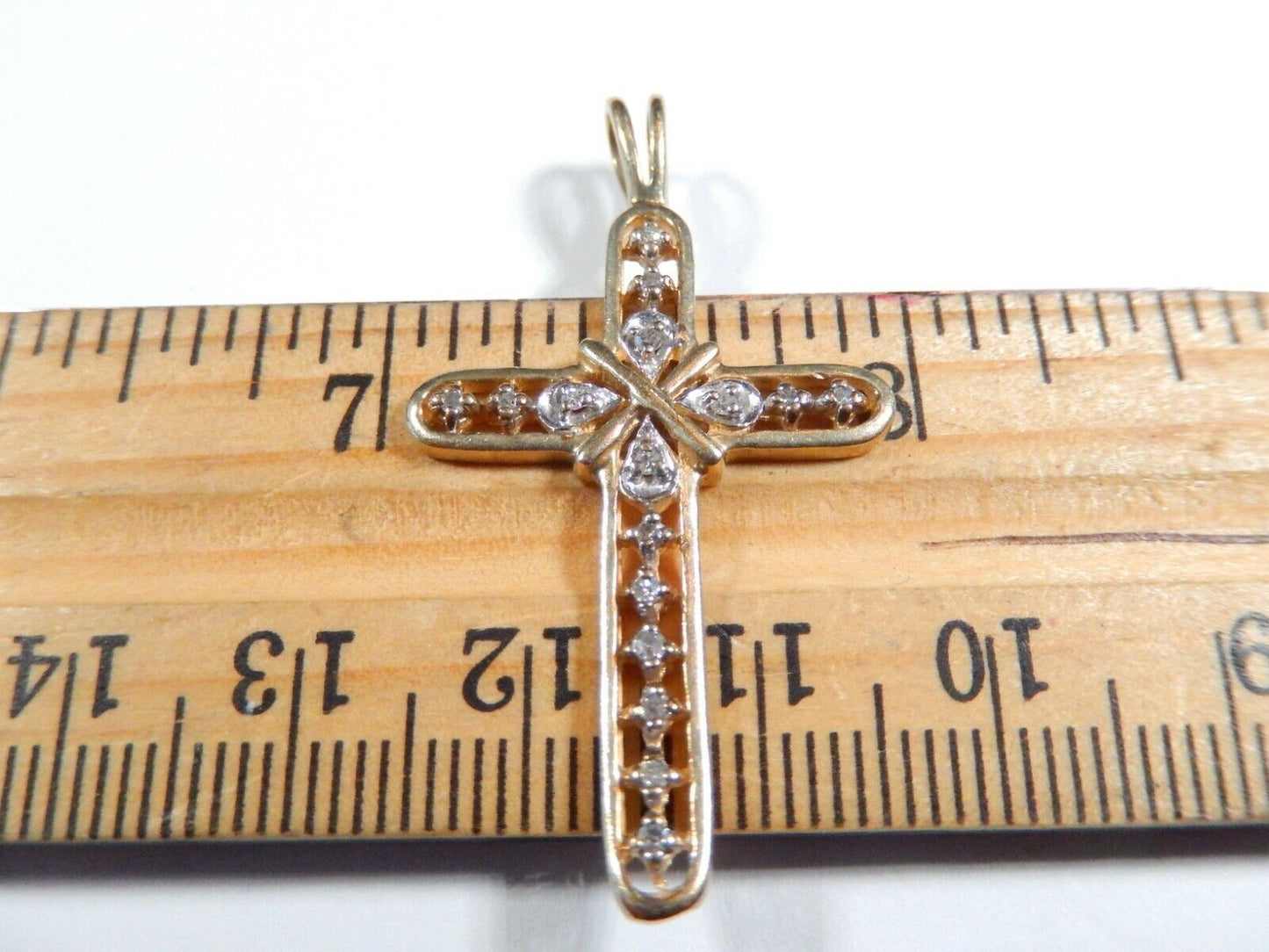 *VINTAGE*  LARGE 14K Yellow Gold 16 Diamond Cross Pendant  1.75"  x  1"