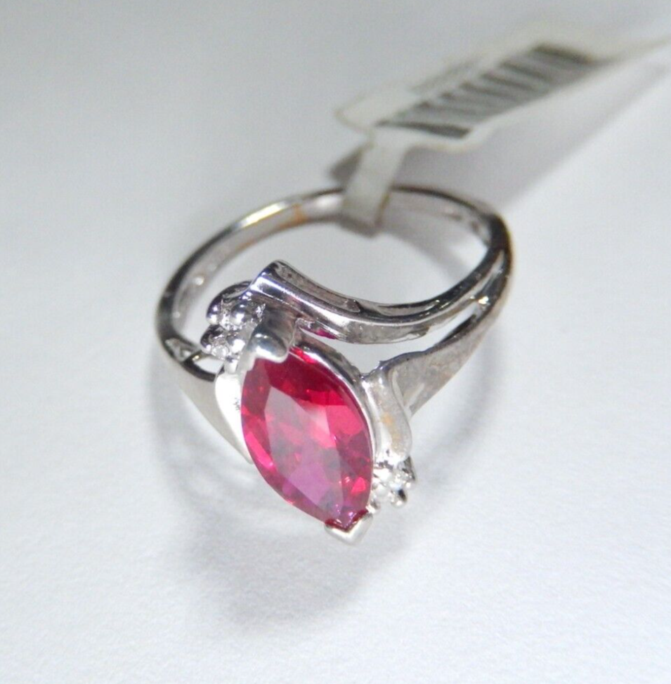 *NWT* 10k White Gold Lab Created Marquise Ruby And Diamond Ring Sz 6.5