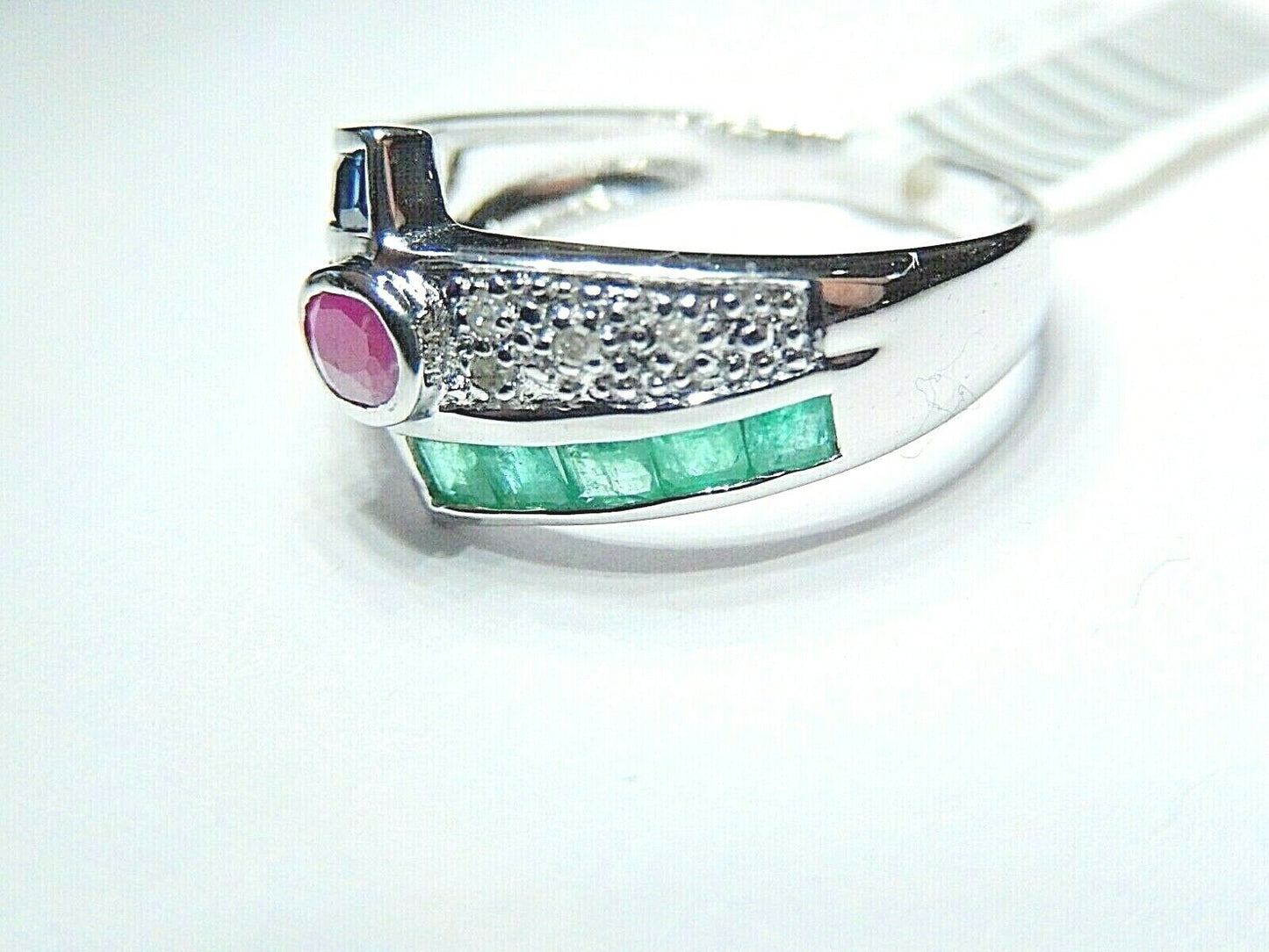 *NWT* 14K White Gold  Natural Sapphire Emerald Ruby & Diamond Ring Band Sz 6.75