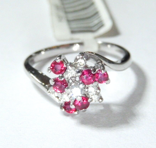 *NWT*  14K White Gold VS Diamond and Ruby Cluster Ring, Size 4.5