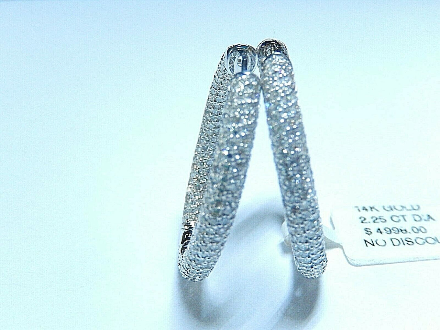 New Large 14k WG 2.25tcw Natural Diamond Inside/Outside Hoop Earrings 1 1/8"