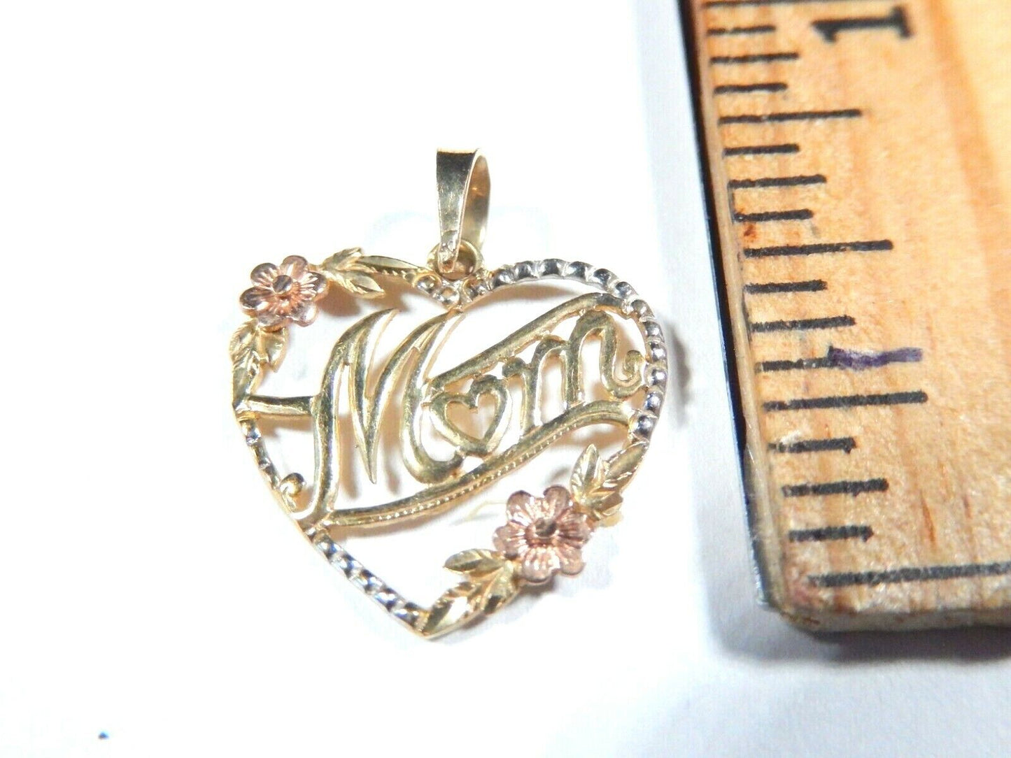 10K Tri Color Gold Mom Heart With Flower Charm Pendant - 3/4" x 11/16"