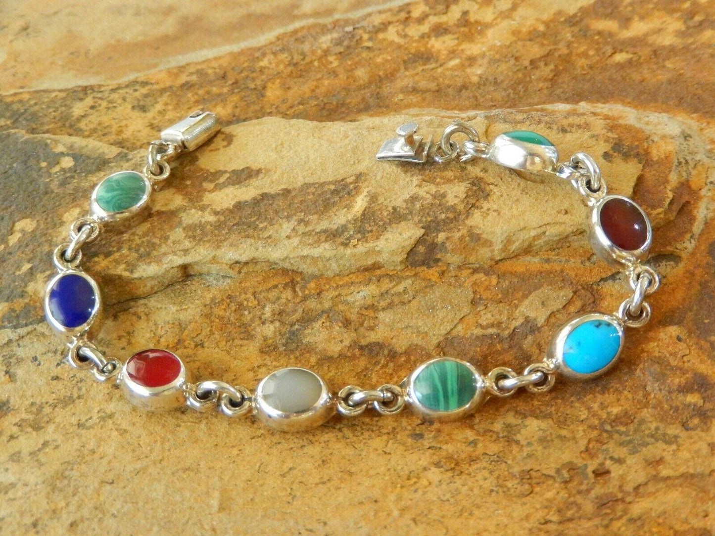 Vintage MEXICO TAXCO 925 Sterling Silver Bracelet Multi Gem Link Bracelet 7"