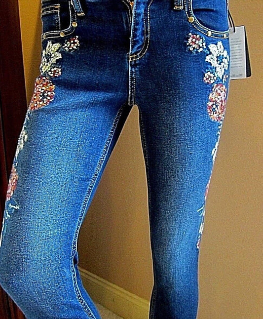 NWT MISS ME Embellished Ankle Skinny Cut Stretch Dark Blue Jeans 25 x 27