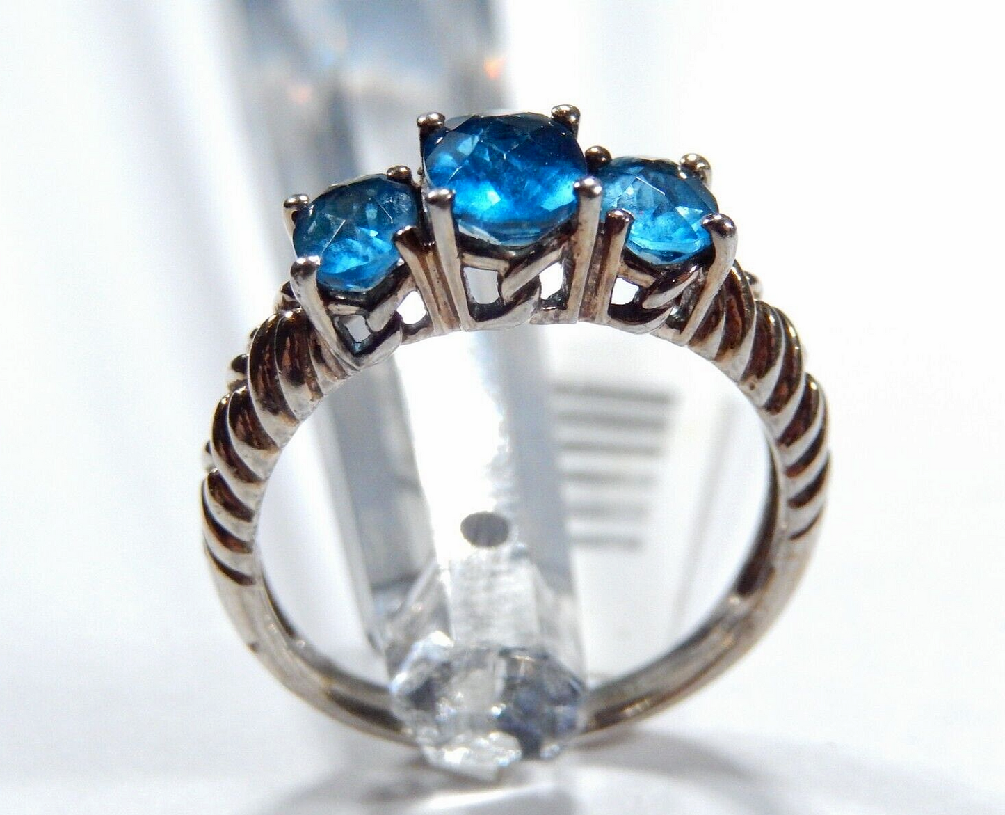 VINTAGE* Sterling Silver 3 Stone Oval 1.75CT London Blue Topaz Ornate Ring Sz 7