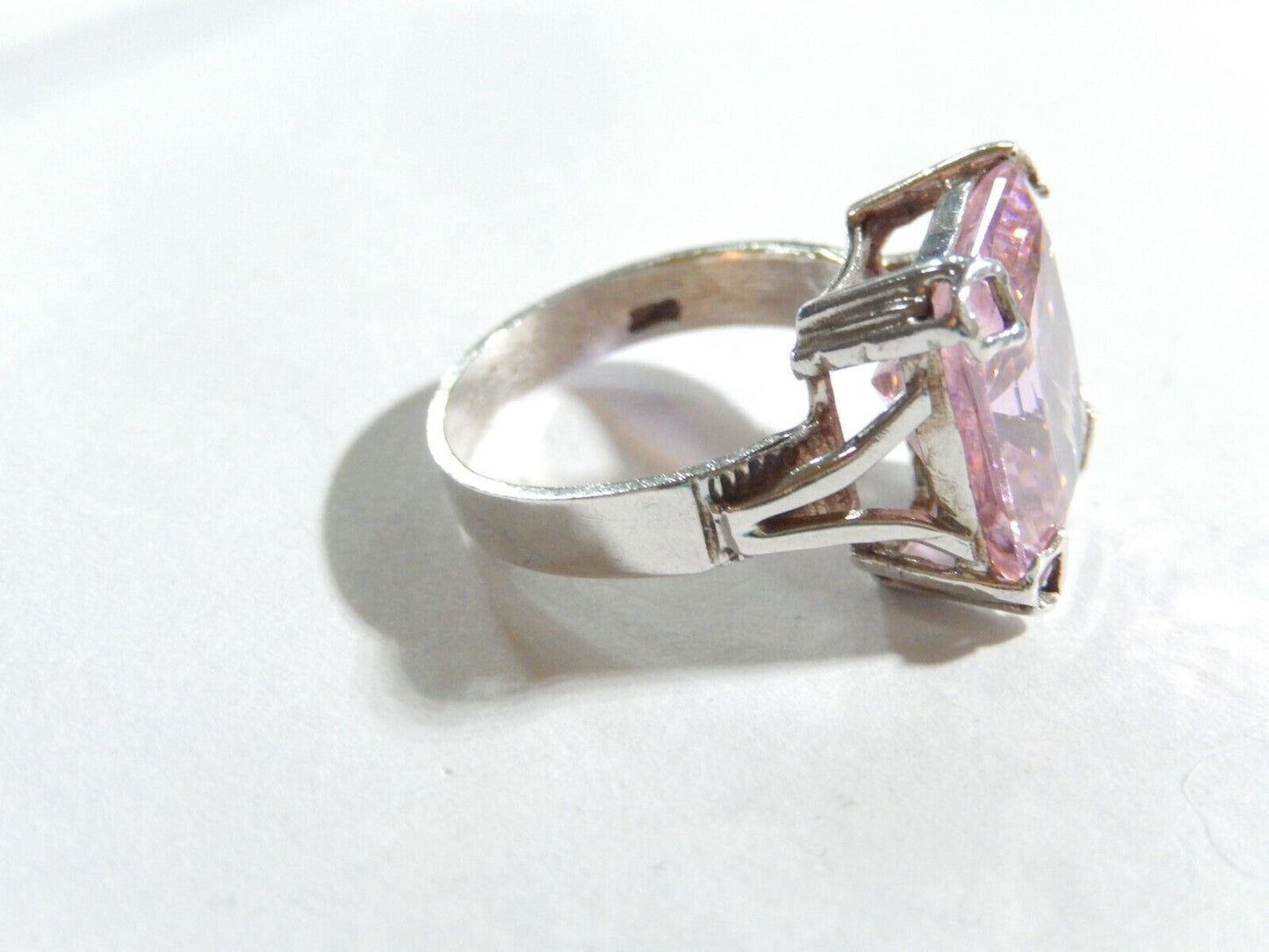 *VINTAGE*  Sterling Silver CZ Pink 12.0CT Emerald Cut Cocktail Ring Size 8