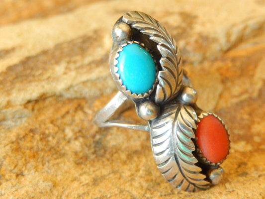 *VINTAGE* C. J. Maria Native Amer. Sterling Silver Turquoise Coral Ring Size 6