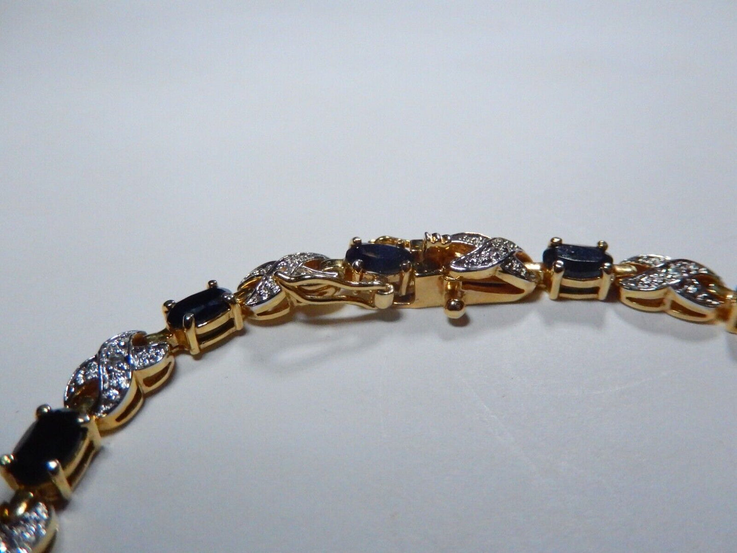 *VINTAGE*    Gold Plated Genuine Oval Sapphire & Diamond 7" X Link Bracelet