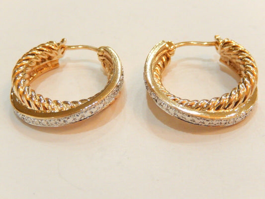 14K Yellow Gold Vermeil .925 SS Real Diamond  Hoop Earrings 13.7gms