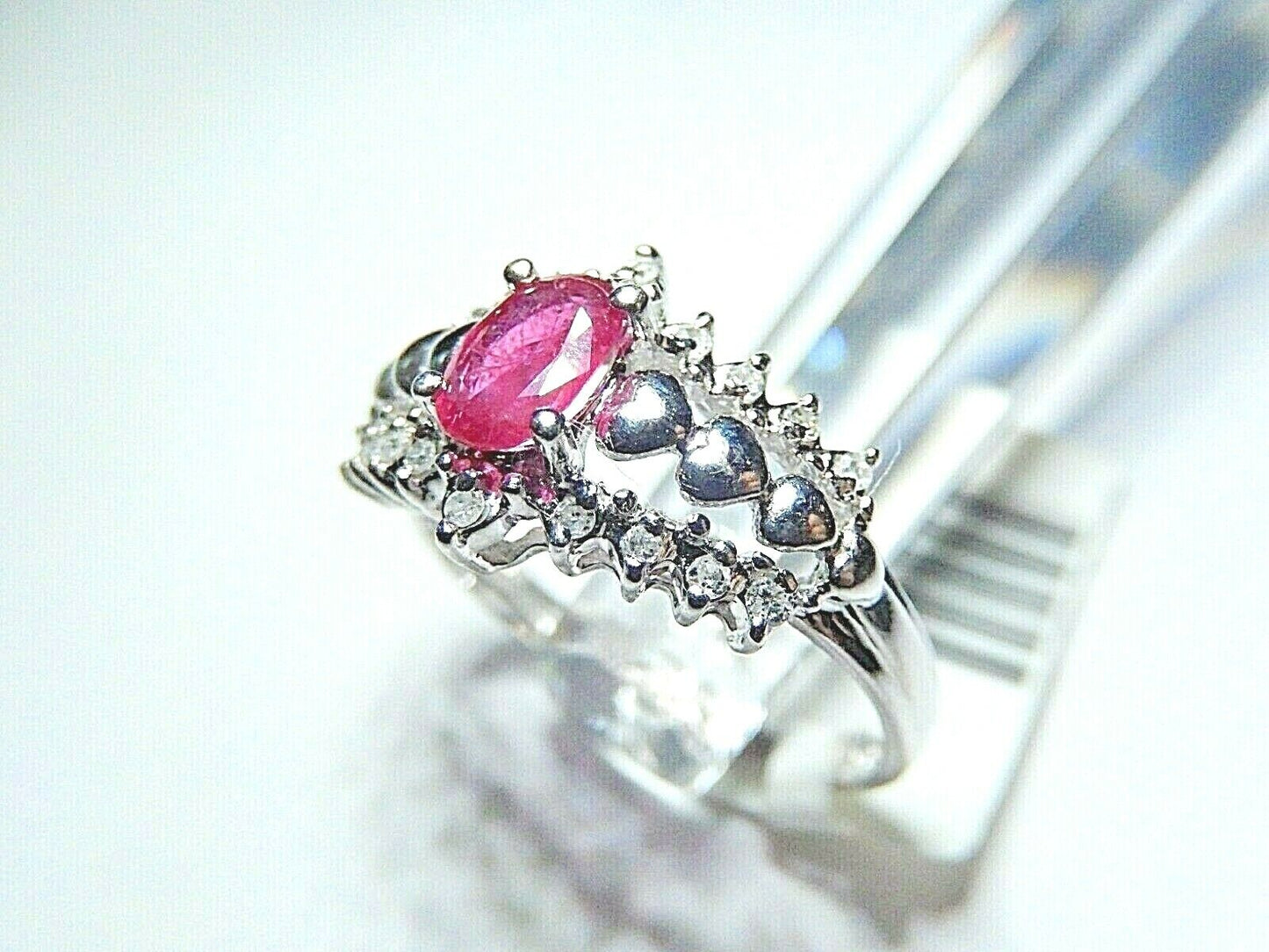 *NWT* 10k White Gold 1/2CT Oval Ruby and 1/5CT Diamond Heart Ring Size 6.5