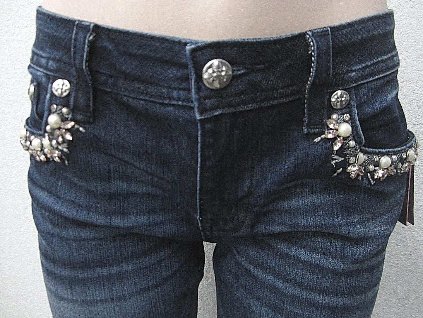 NWT Miss Me Wild Flower Mid-Rise Boot Cut Jeans Pearl & Crystal Trim MP7249B2V