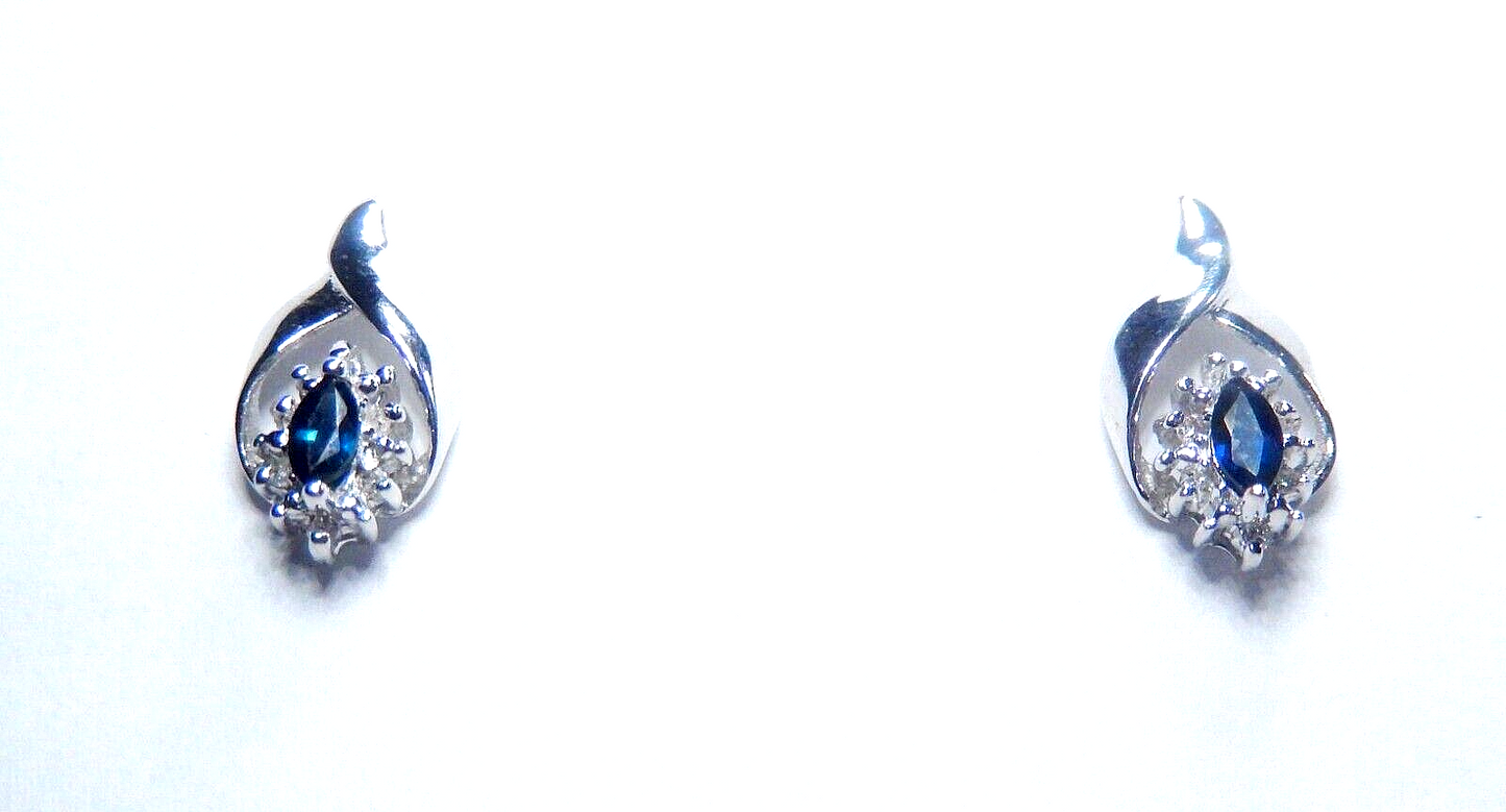 10k White Gold Natural Marquise Sapphire And Diamond Stud Earrings