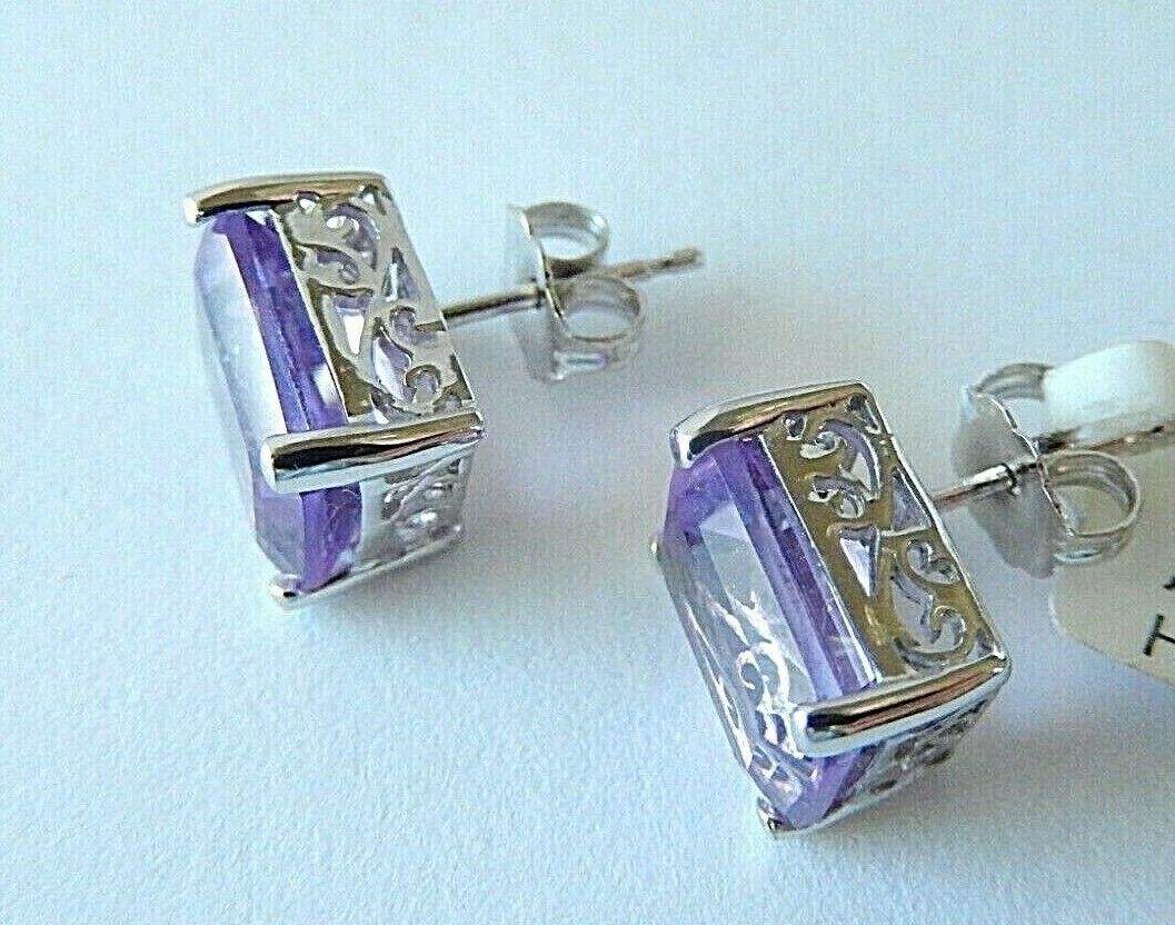 10K White Gold 10mm x 8mm Emerald Cut 6CT Amethyst Earrings In Filigree Settings