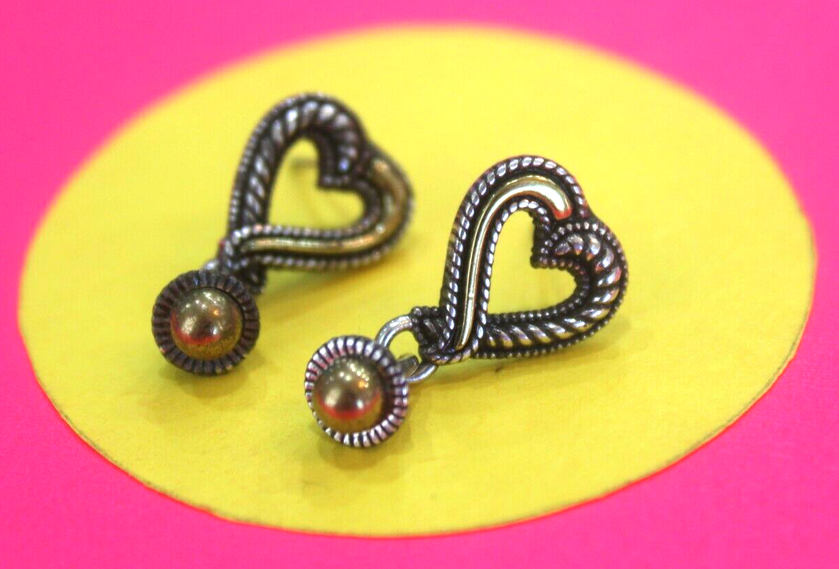 RETIRED Brighton Gold/Silvertone Heart Dangle Ball Pierced Earrings