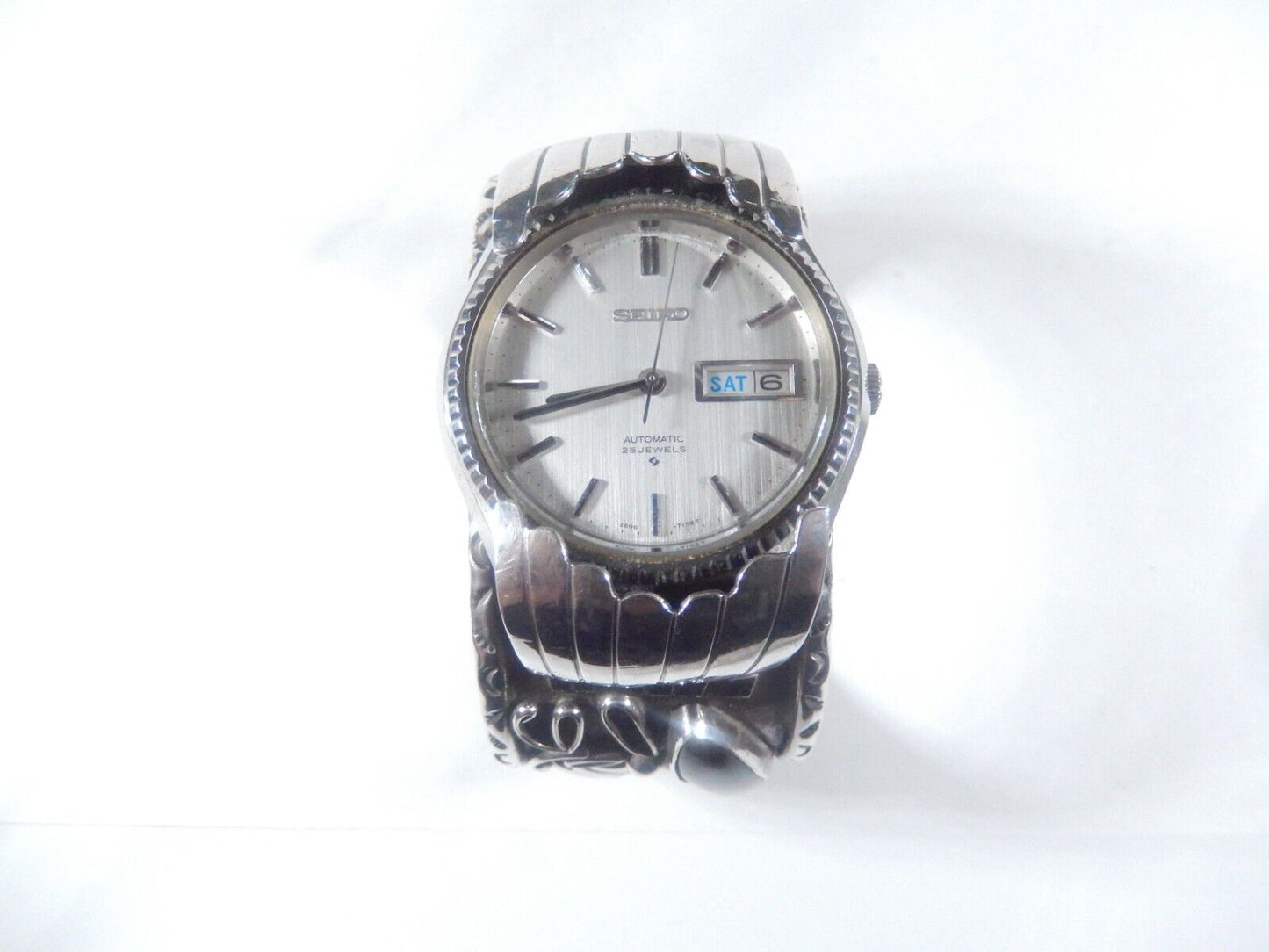 Navajo Johnny Frank 1911 Sterling Silver Stamped Seiko Automatic Cuff Bracelet