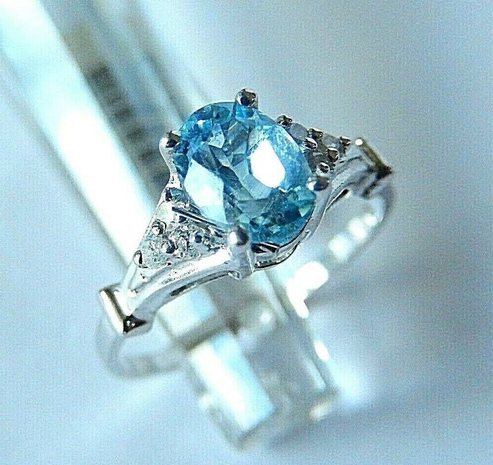 14k White Gold Natural 3/4CT Blue Topaz & Diamond Ring SZ 7.25