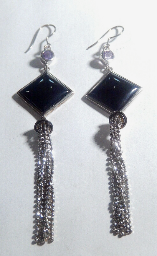 *VINTAGE* Sterling Silver ART DECO Long Black Onyx & Amethyst Dangle Earrings