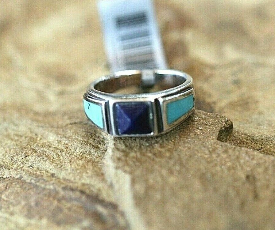 *VINTAGE* 925 Sterling Southwest Style Turquoise & Lapis Handmade Ring Size 8.5