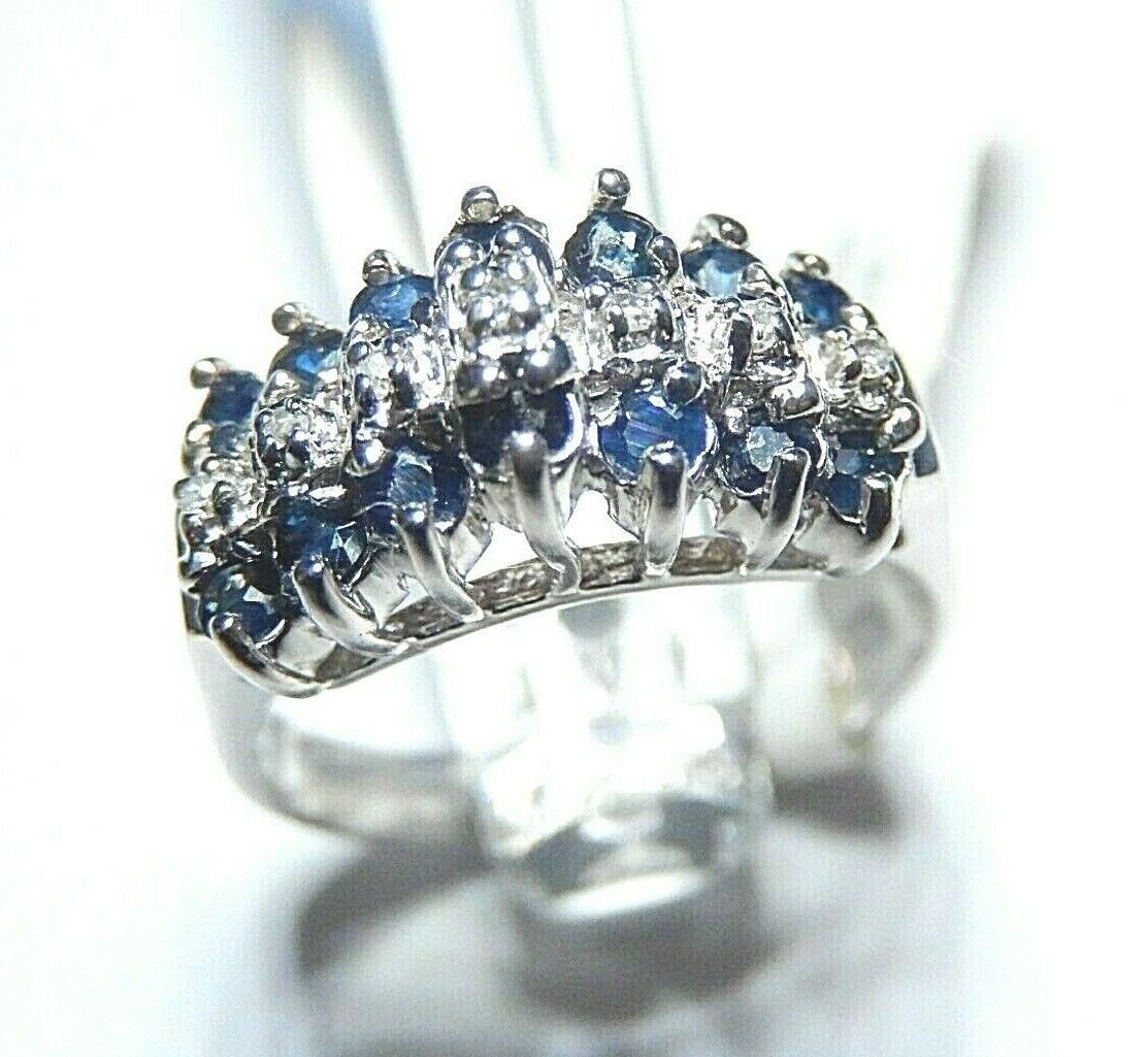 *NWT*  10K White Gold .33CT Ladies 3 Row Pyramid Sapphire & Diamond Ring Sz 6.25