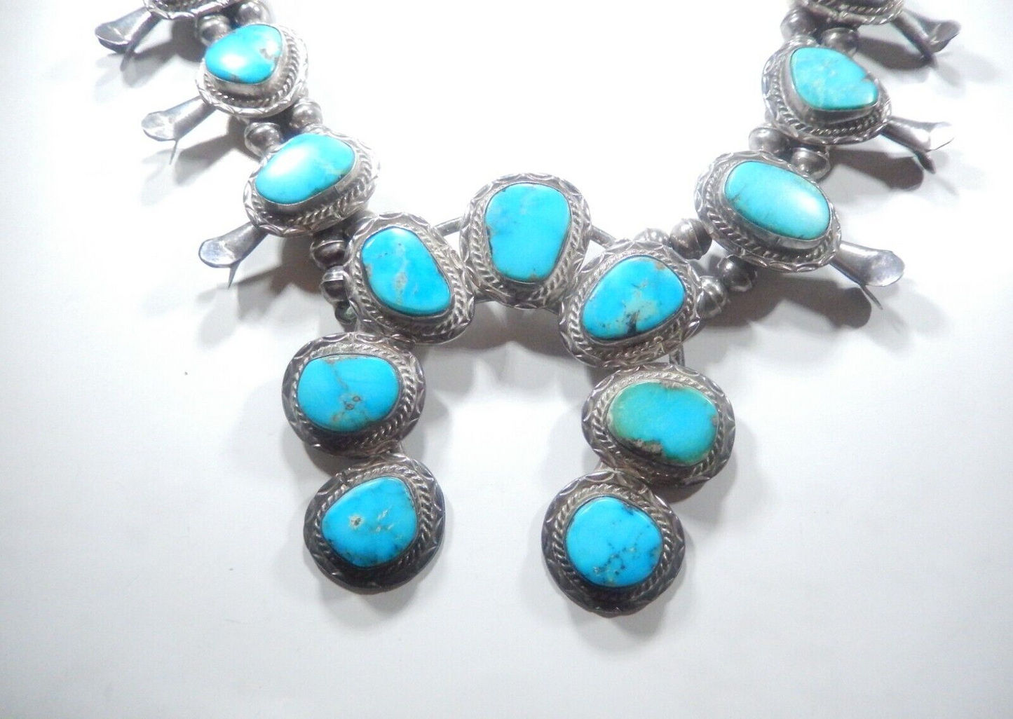 Old Pawn Rustic Natural TURQUOISE & Sterling 26" Squash Blossom Necklace 188 gms