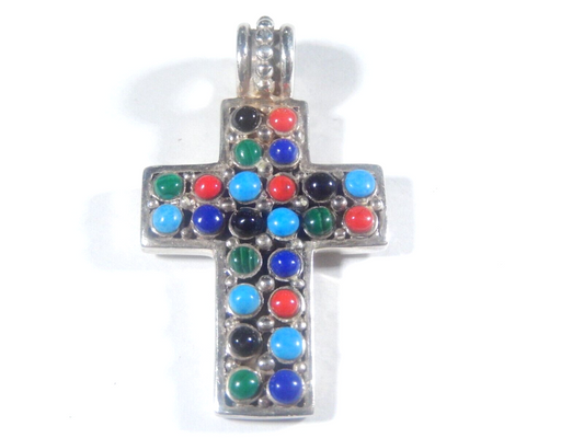 *VINTAGE*   STERLING SILVER MULTI STONE CROSS PENDANT - SIGNED  925