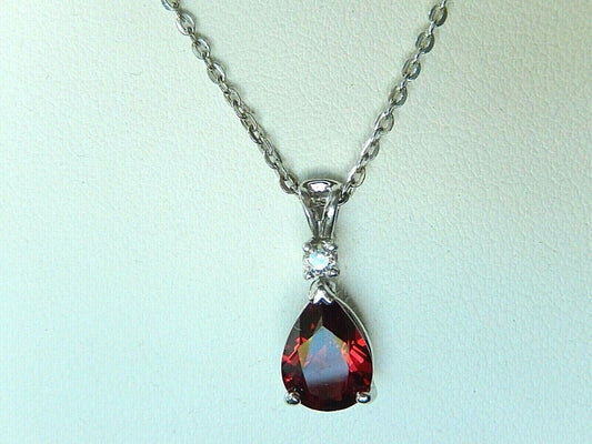 *NWT* 10K WHITE GOLD 1.75CT PEAR GARNET & DIAMOND PENDANT ON 18" CHAIN