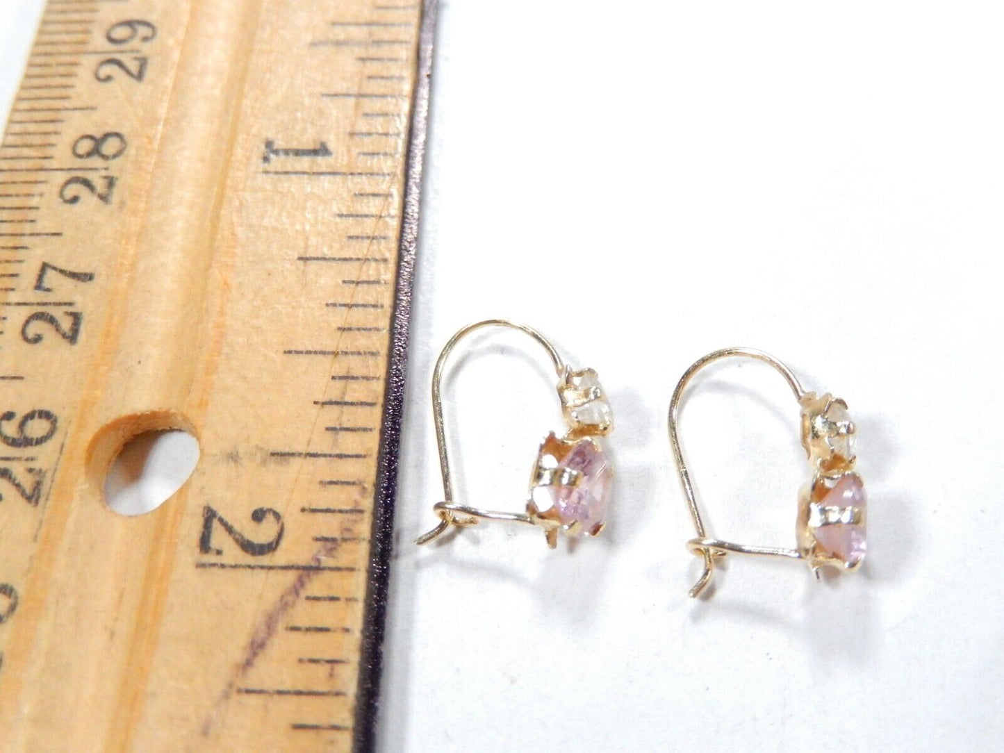 14K Yellow Gold Created Pink & White Sapphire Stone Hook Earrings
