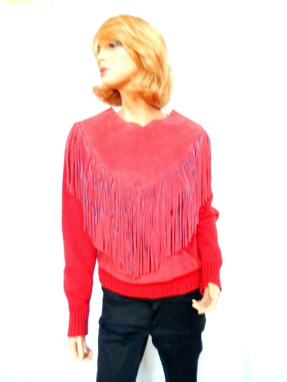*RARE*VINTAGE PIONEER WEAR Cowgirl Red Leather Suede Fringe Sweater Womens Sz L