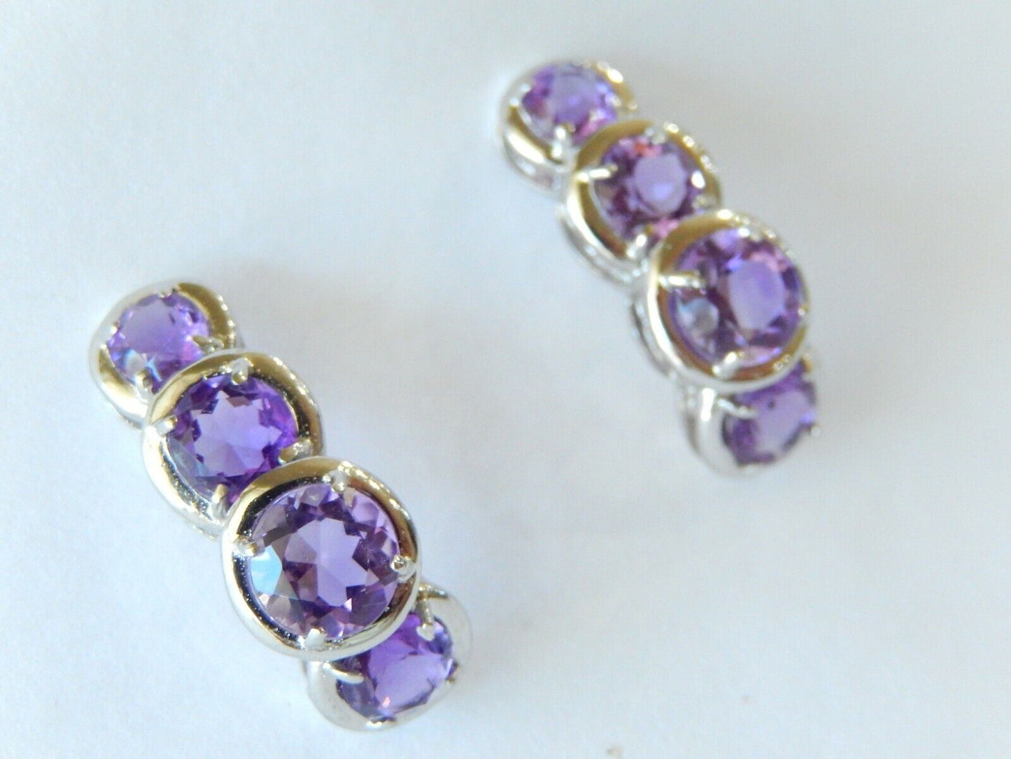 *NWT* 14K White Gold 4Ct Round Cut Amethyst Long Stud Earrings 1" x 5/16"