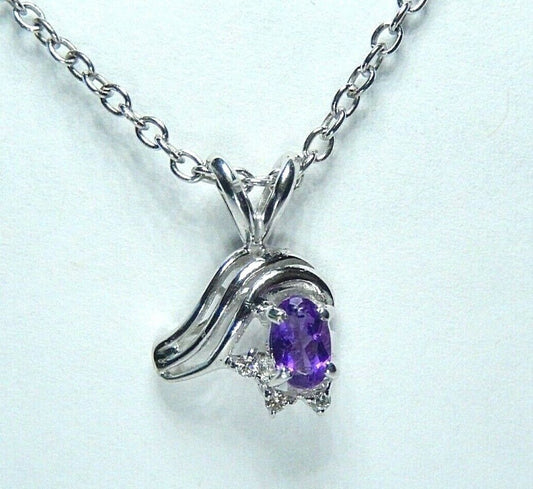 *NWT*  10K White Gold Purple Amethyst with Diamond Accent Pendant  w/18" Chain