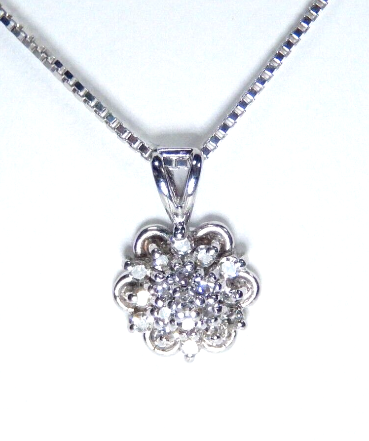 *VINTAGE*  14K White Gold Round 20 Natural Diamond Cluster Pendant w/18"chain