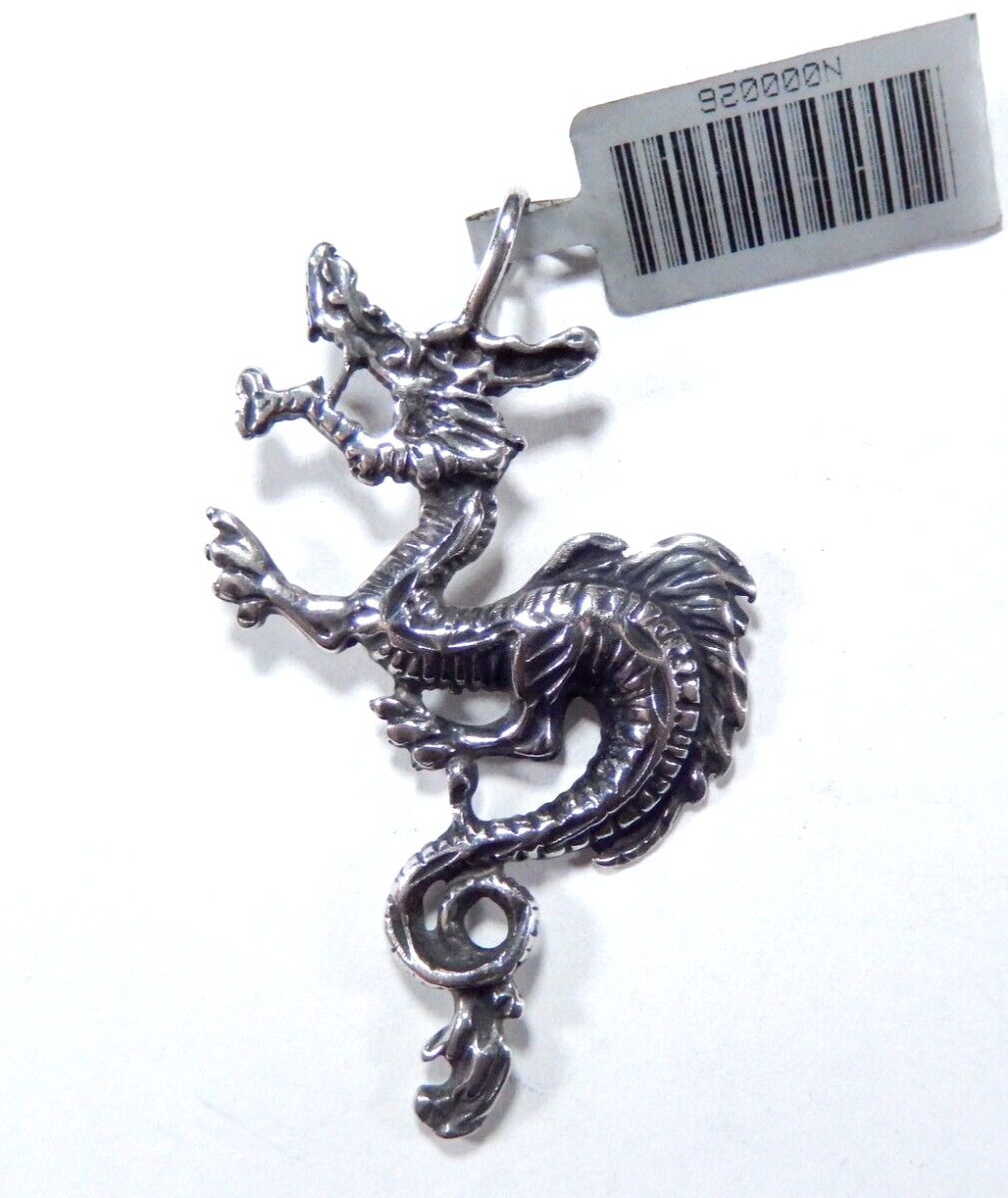 *VINTAGE*  LARGE 925 Sterling Silver 2" Tall Chinese Dragon Design Pendant